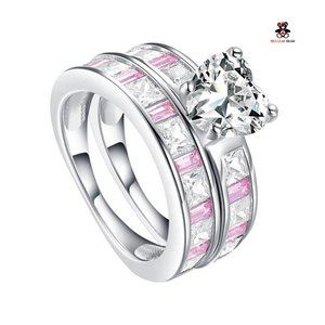 Sterling Silver Pink CZ Wedding Ring Set.